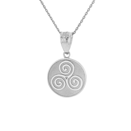 Solid White Gold Celtic Triple Spiral Triskele Irish Knot Disc Medallion Pendant Necklace