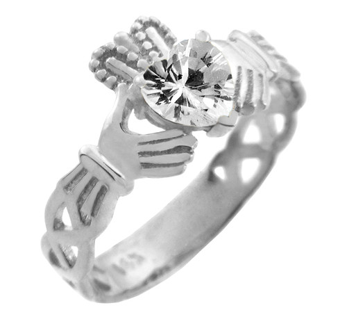 White Gold Claddagh Trinity Band with White Clear CZ Heart