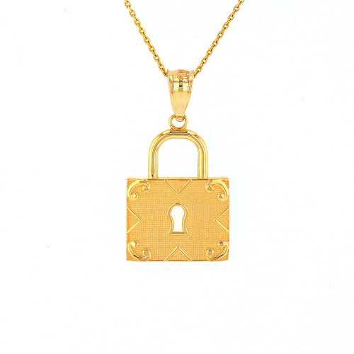 Solid Yellow Gold Swirl Rectangle Keyhole Padlock Pendant Necklace