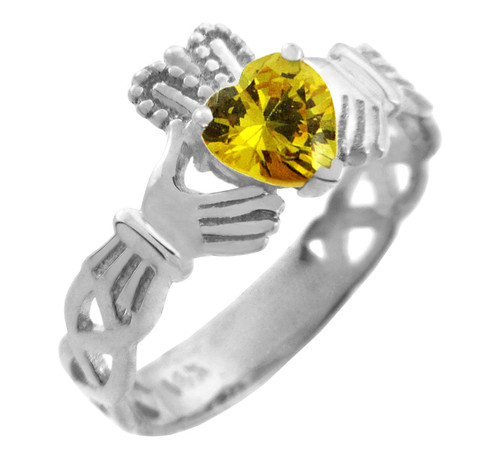 White Gold Claddagh Trinity Band with Citrine Yellow CZ Heart