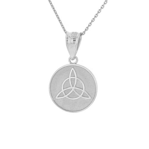 Solid White Gold Triquetra Irish Celtic Disc Circle Pendant Necklace