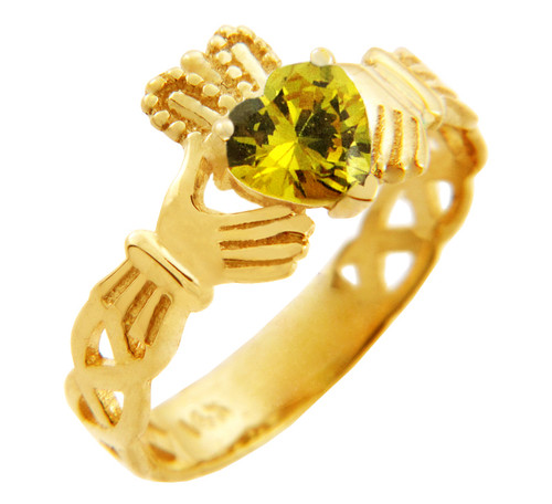 Claddagh Trinity Band Ring in Gold with Yellow Citrine Birthstone.  Available in 14k and 10k Gold.