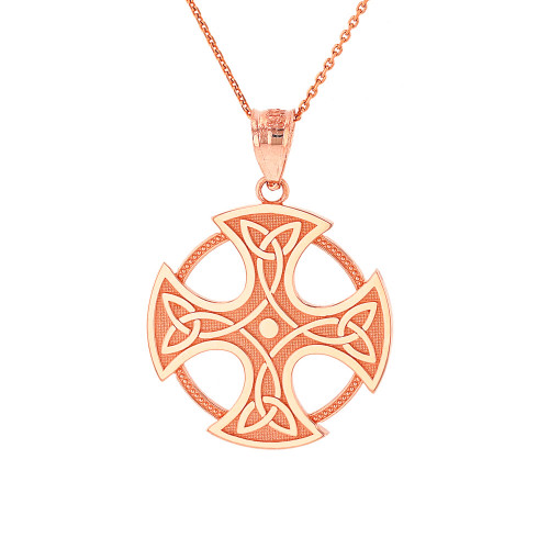 Solid Rose Gold Trinity Knot Celtic Cross Pendant Necklace