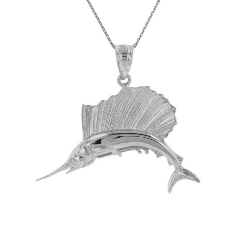 Solid White Gold Marlin Swordfish Pendant Necklace