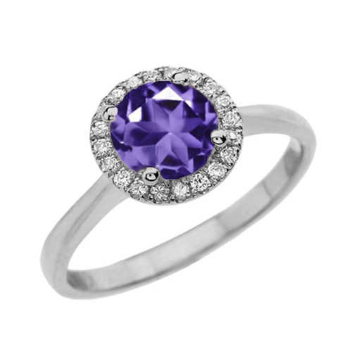 White Gold Diamond Round Halo Engagement/Proposal Ring With Amethyst Center Stone