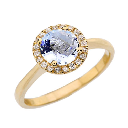 Yellow Gold Diamond Round Halo Engagement/Proposal Ring With Aquamarine Center Stone