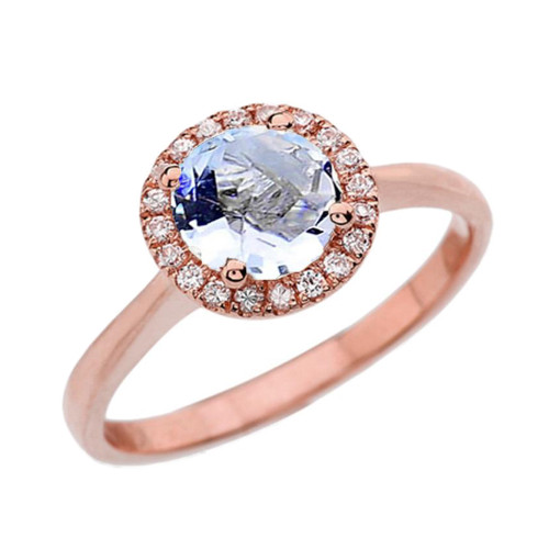 Rose Gold Diamond Round Halo Engagement/Proposal Ring With Aquamarine Center Stone