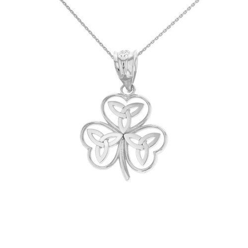 Solid White Gold Celtic Trinity Knot Shamrock Pendant Necklace