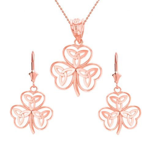 14K Solid Rose Gold Celtic Trinity Knot Shamrock Pendant Earring Set