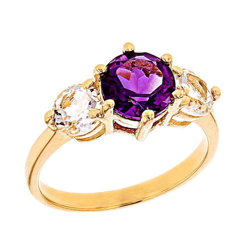 Yellow Gold Genuine Amethyst and White Topaz Engagement/Promise Ring