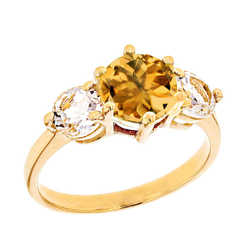 Yellow Gold Genuine Citrine and White Topaz Engagement/Promise Ring