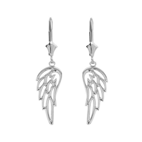 14K Solid White Gold Filigree Guardian Angel Wing Drop Earring Set