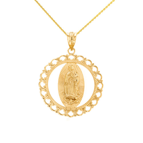 Solid Yellow Gold Scalloped Edge Frame Openwork Our Lady of Guadalupe Pendant Necklace 1.24" ( 31 mm)