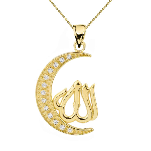 Yellow Gold with Cubic Zirconia Moon and Allah Pendant Necklace