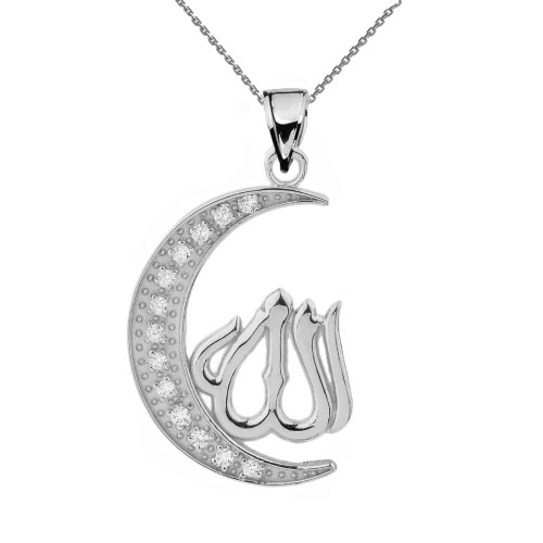 White Gold with Cubic Zirconia Moon and Allah Pendant Necklace
