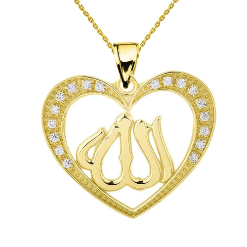 Yellow Gold Cubic Zirconia Heart with Allah Pendant Necklace