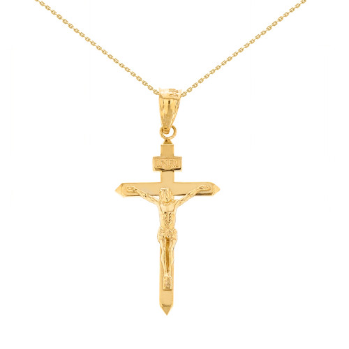 Solid Yellow Gold Catholic INRI Jesus of Nazareth Crucifix Pendant Necklace 1.18" ( 29 mm)