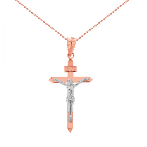 Two Tone Solid Rose Gold Catholic INRI Jesus of Nazareth Crucifix Pendant Necklace 1.18" ( 29 mm)