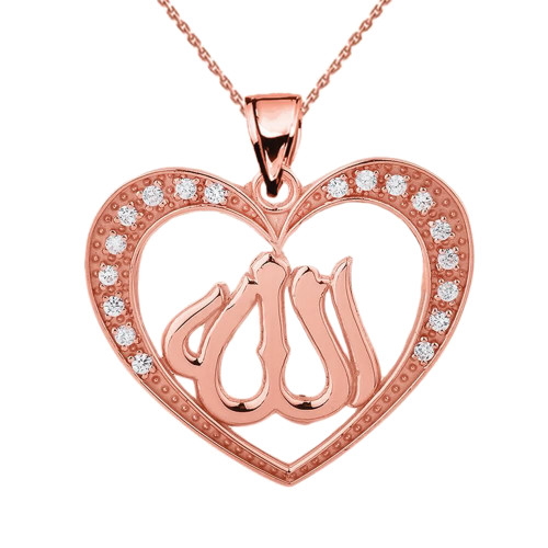 Rose Gold Cubic Zirconia Heart with Allah Pendant Necklace