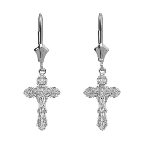 14K  White Gold Dainty Floral Crucifix Earrings