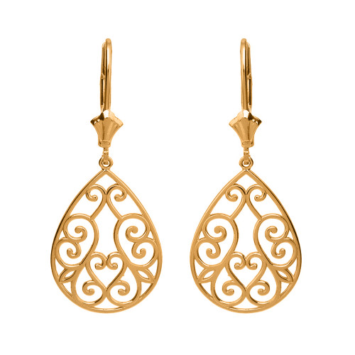 14K Solid Yellow Gold Filigree Swirl Heart Teardrop Drop Earring Set