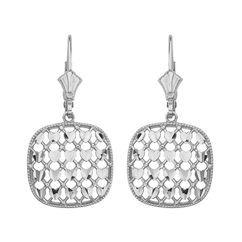 14K Solid White Gold Double Layered Woven Hearts Filigree Squared Shape  Drop Earring Set