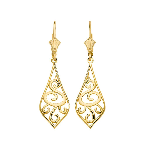 14K Solid Yellow Gold Teardrop Filigree Tribal  Drop Earring Set 1.42" (36mm)