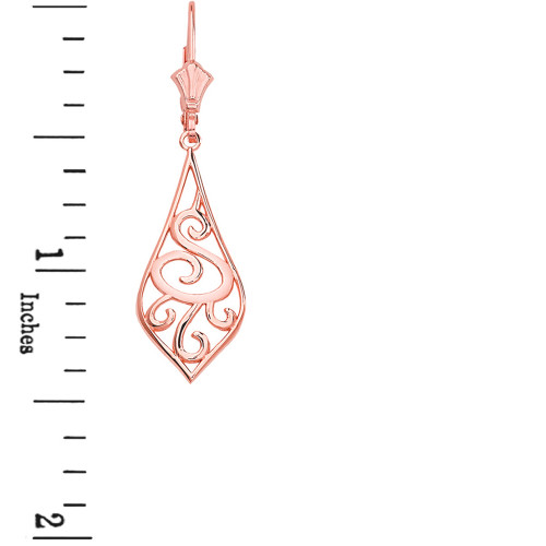 14K Solid Rose Gold Teardrop Filigree Tribal  Drop Earring Set 1.42" (36mm)