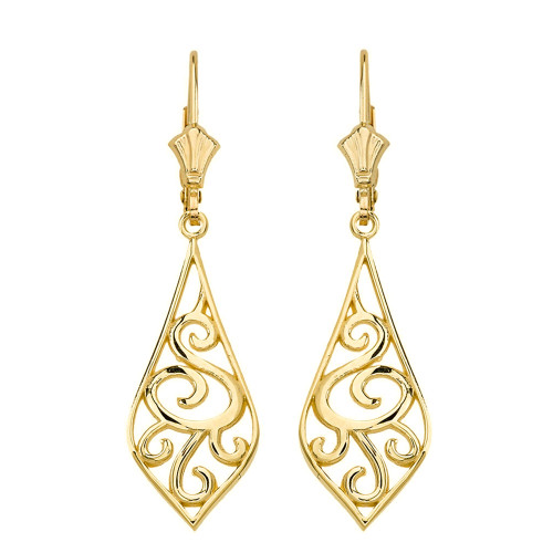 14K Solid Yellow Gold Teardrop Filigree Tribal  Drop Earring Set 1.67" (42 mm)