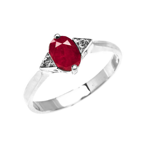 White Gold Solitaire Oval Genuine Ruby and White Topaz Engagement/Promise Ring