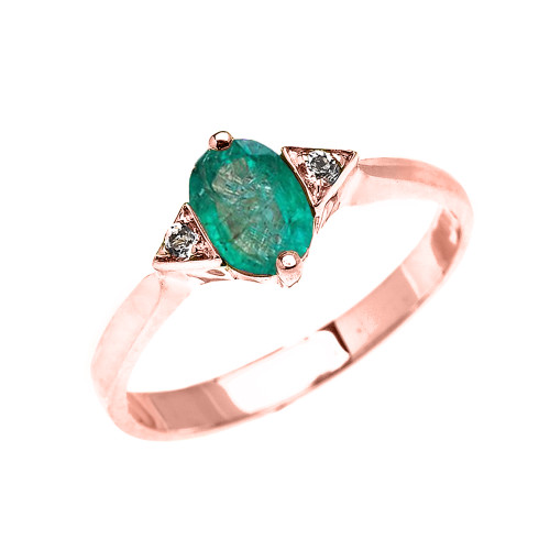 Rose Gold Solitaire Oval Genuine Emerald and White Topaz Engagement/Promise Ring