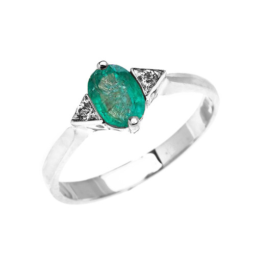 White Gold Solitaire Oval Genuine Emerald and White Topaz Engagement/Promise Ring