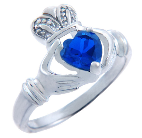Silver Claddagh Ring with Sapphire CZ Heart
