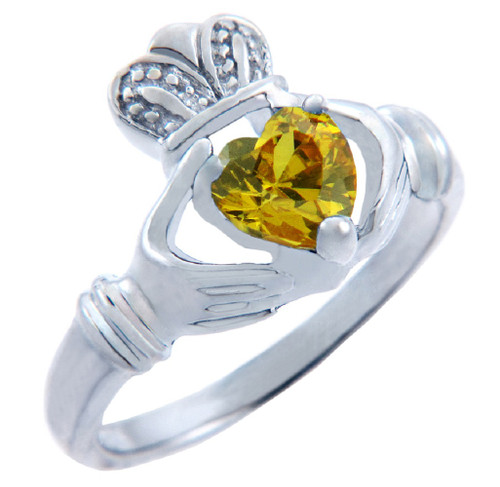 Silver Claddagh Ring with Citrine Yellow CZ Heart