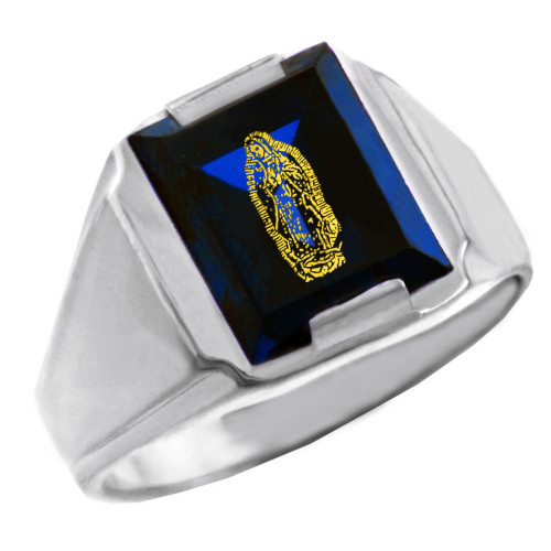 Sterling Silver Blue CZ Stone Our Lady of Guadalupe Signet Men's Ring