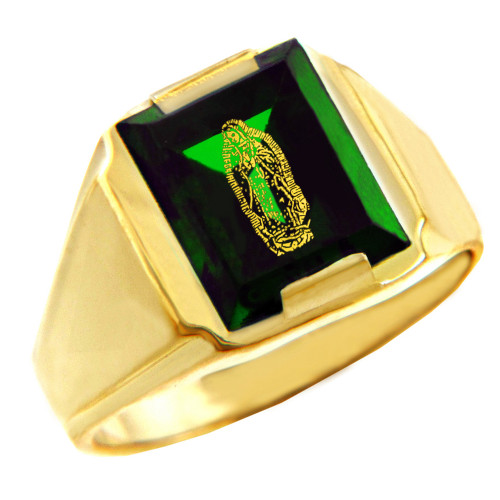 Solid Yellow Gold Green CZ Stone Our Lady of Guadalupe Signet Men's Ring