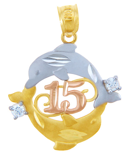 Gold Pendants - Sweet 15 Años - Quinceanera Two Dolphin Pendant with Cubic Zirconia