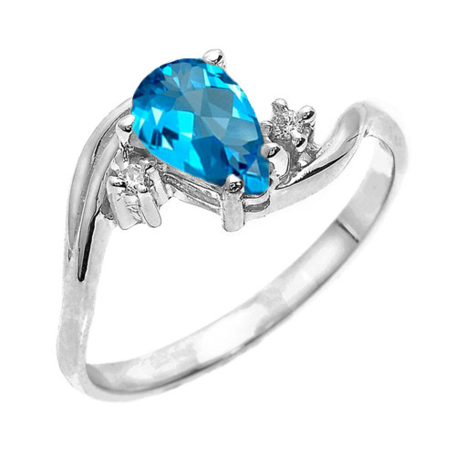 White Gold Pear Shaped Blue Topaz and Diamond Proposal Ring