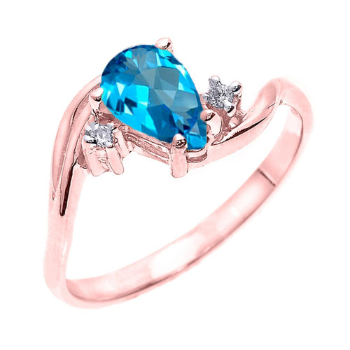 Rose Gold Pear Shaped Blue Topaz and Diamond Proposal Ring