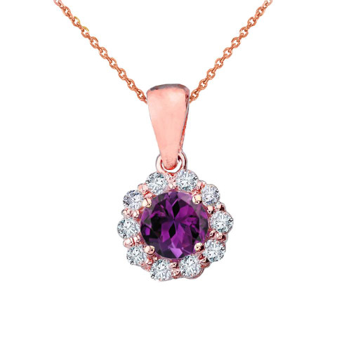14k Rose Gold Dainty Floral Diamond Center Stone  Amethyst Pendant Necklace