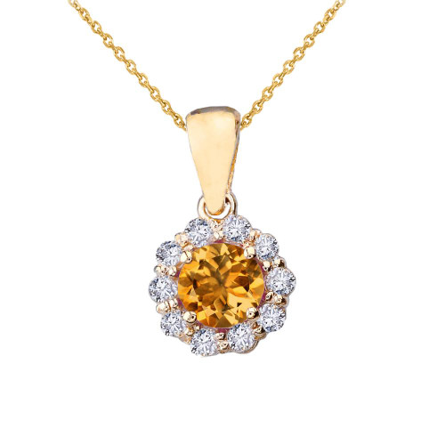 14k Yellow Gold Dainty Floral Diamond Center Stone Citrine Pendant Necklace