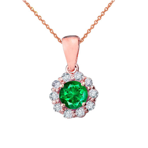 14k Rose Gold Dainty Floral Diamond Center Stone Emerald Pendant Necklace