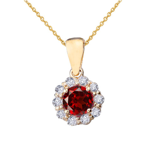 14k Yellow Gold Dainty Floral Diamond Center Stone Garnet Pendant Necklace