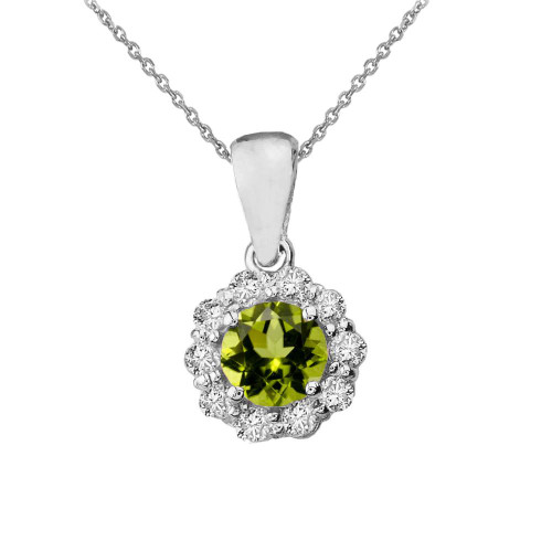 14k White Gold Dainty Floral Diamond Center Stone Peridot Pendant Necklace
