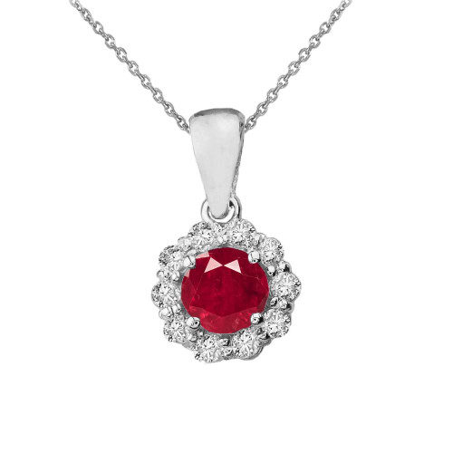 14k White Gold Dainty Floral Diamond Center Stone Ruby Pendant Necklace