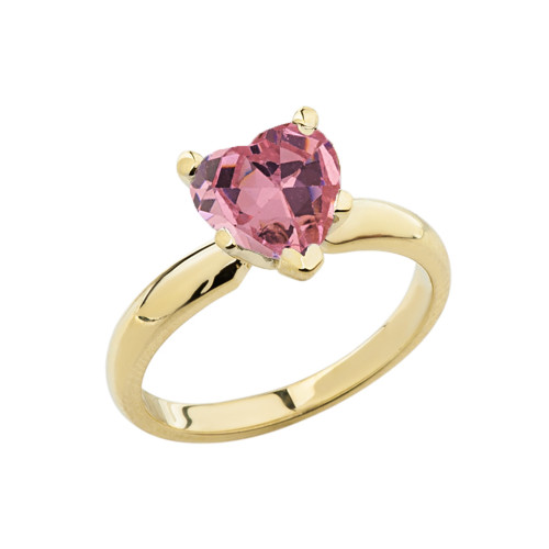 Yellow Gold Solitaire  Pink CZ Heart Engagement Ring