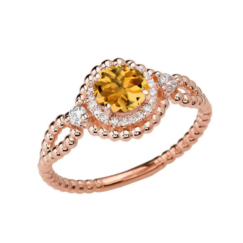 Diamond Engagement Ring Rose  Gold Rope Double Infinity Center Citrine