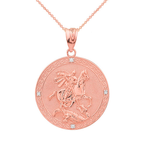 Solid Rose Gold  Saint George Engravable Diamond Medallion Pendant Necklace  (Small)