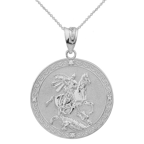 Solid White Gold Saint George Engravable Diamond Medallion Pendant Necklace  (Large)