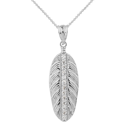 Sterling Silver Cubic Zirconia Boho Feather Pendant Necklace (Large)